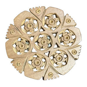 Vintage Hand Carved Wooden Flower Brooch Round Light Wood Brooch 1 3/4" Wide